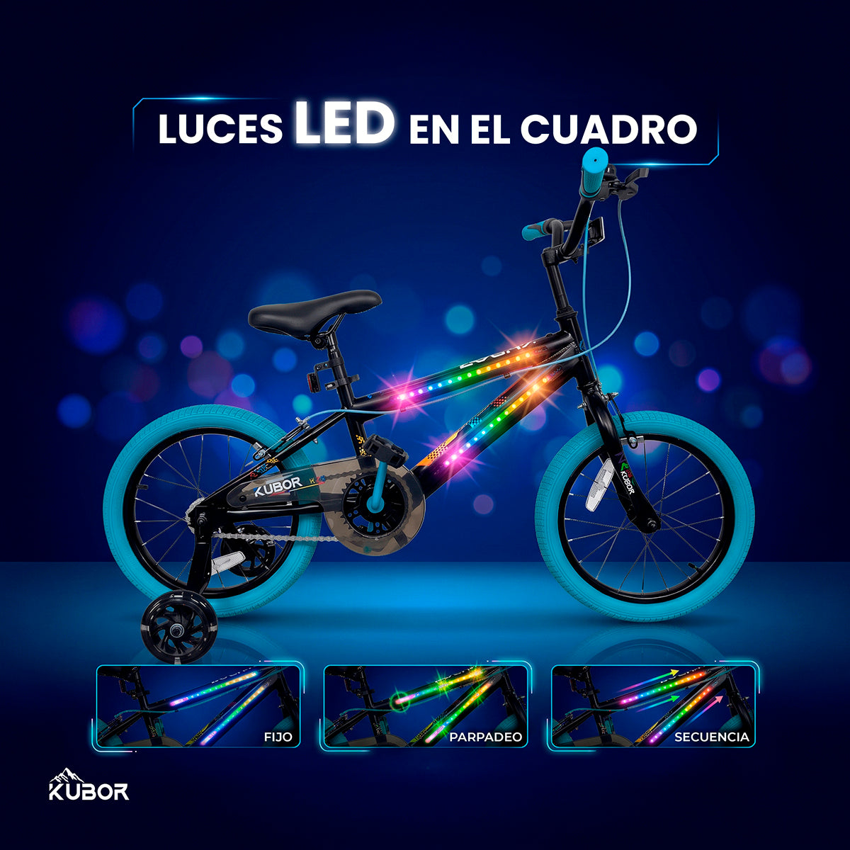 Bicicleta Infantil Neon R16 Kubor con Luces LED y Rueditas