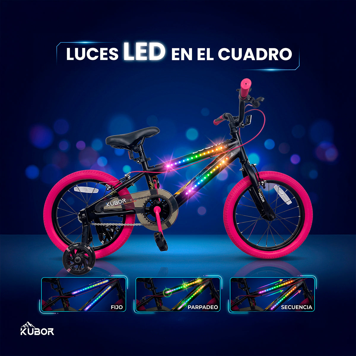 Bicicleta Infantil Neon R16 Kubor con Luces LED y Rueditas