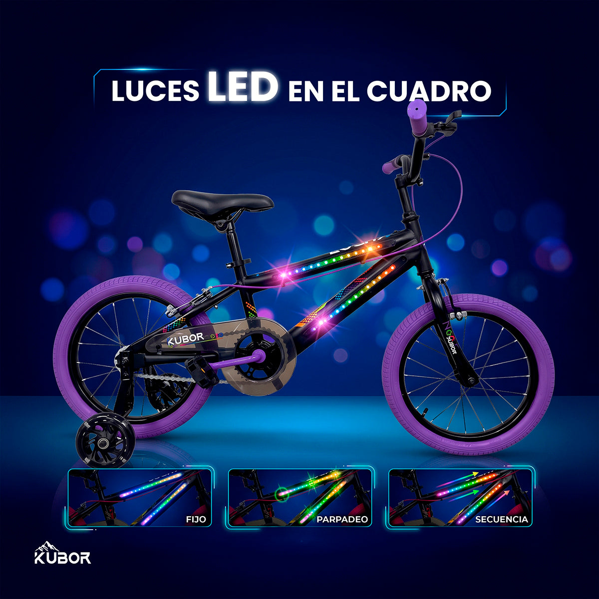 Bicicleta Infantil Neon R16 Kubor con Luces LED y Rueditas