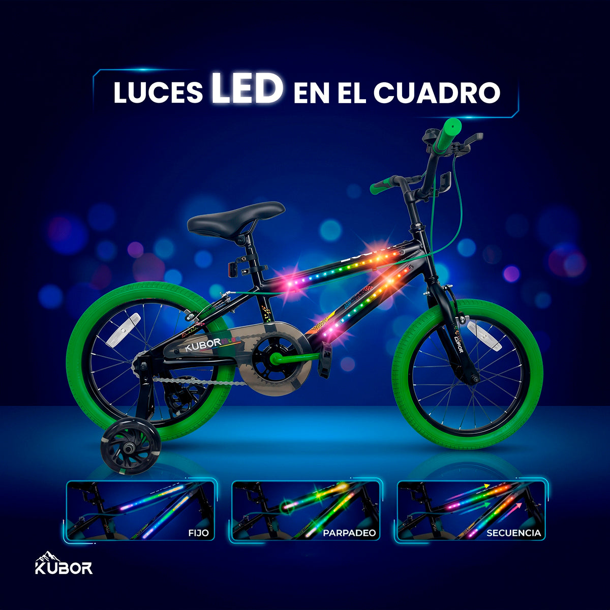 Bicicleta Infantil Neon R16 Kubor con Luces LED y Rueditas