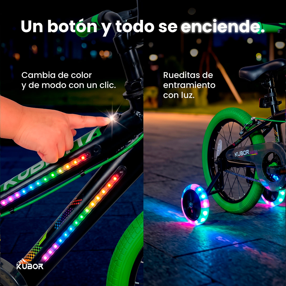 Bicicleta Infantil Neon R16 Kubor con Luces LED y Rueditas