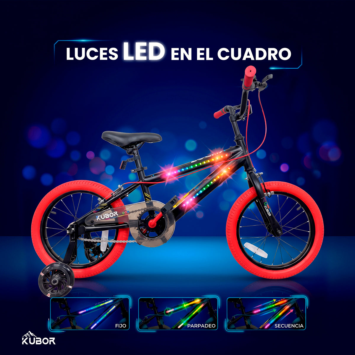 Bicicleta Infantil Neon R16 Kubor con Luces LED y Rueditas