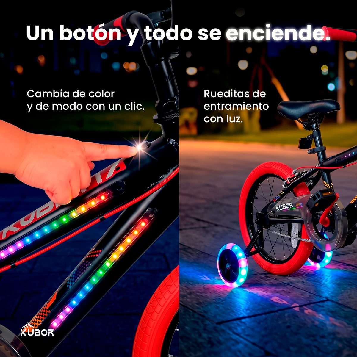 Bicicleta Infantil Neon R16 Kubor con Luces LED y Rueditas